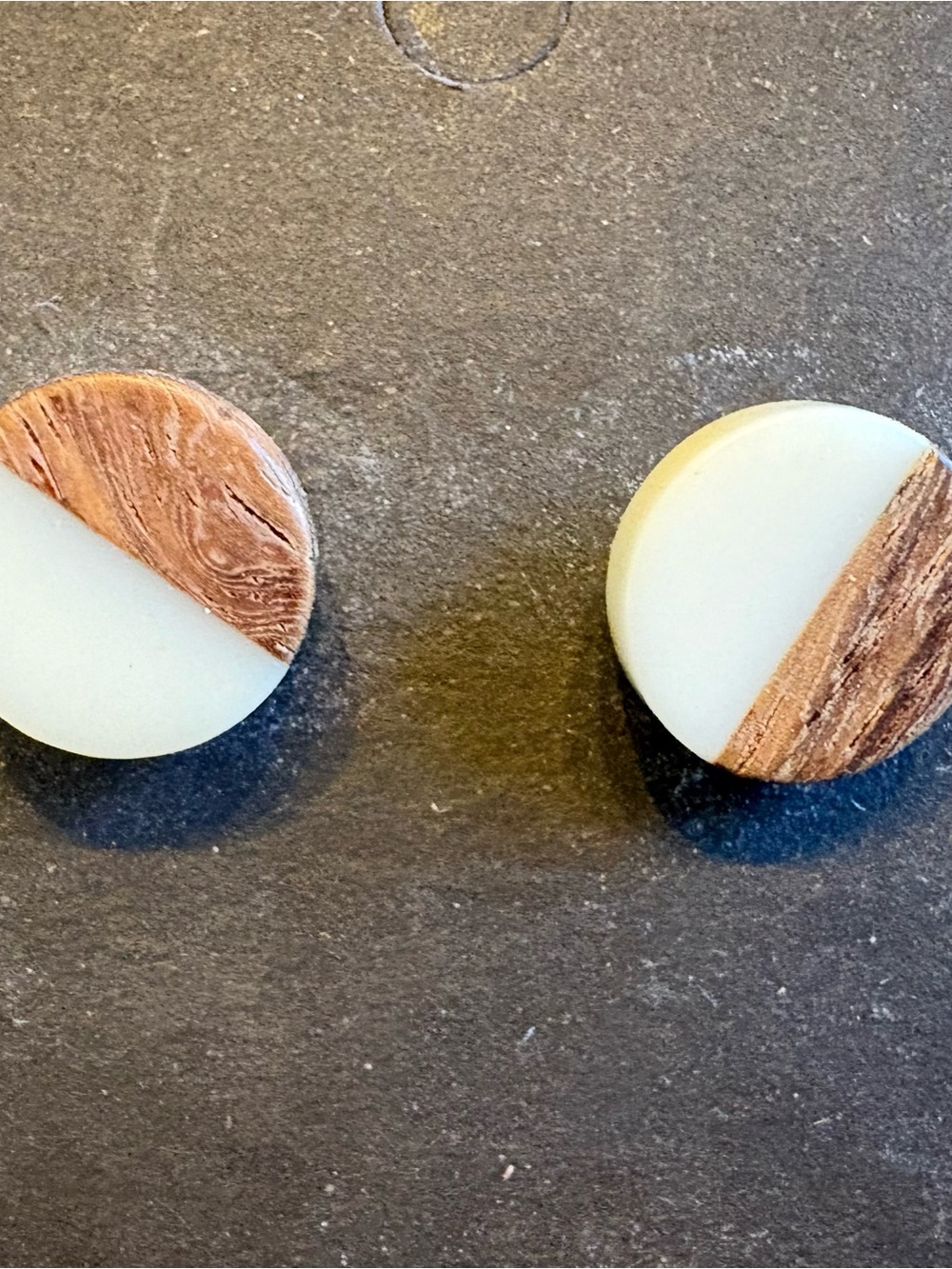 Round Wood and White Resin Stud Earrings
